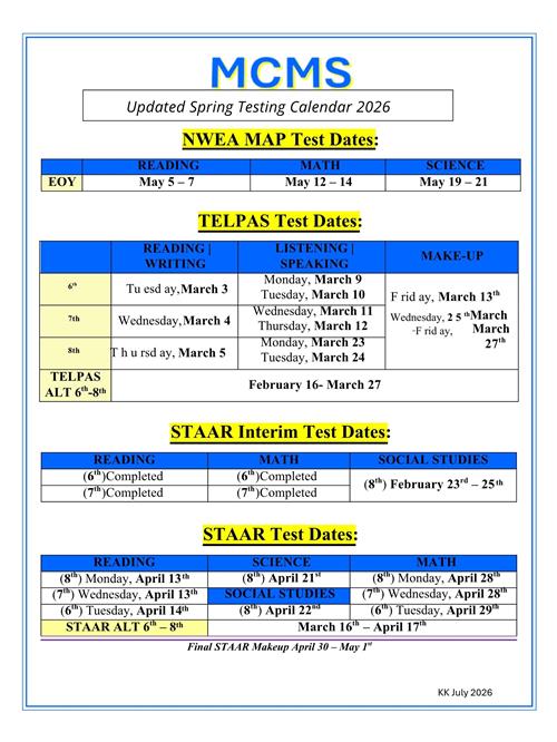  Missouri City Middle School Spring Testing Calendar
